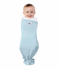 Adjustable Baby Swaddle For Newborns That Feels Like The Womb Pediatrician Recommended Safe Sleep Solution in Sky color with baby inside