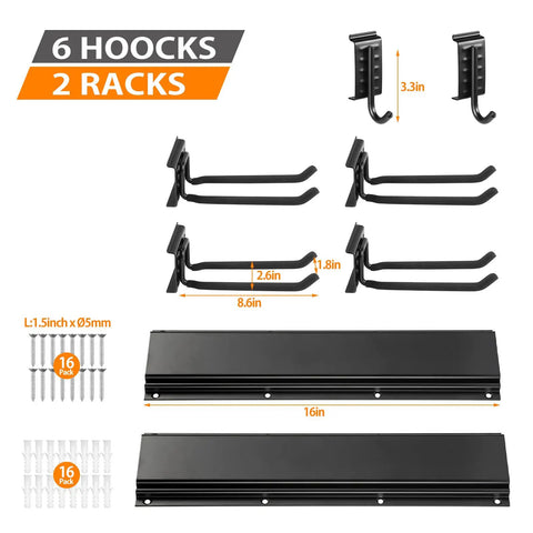 Garage Organizer Wall Mount Rack With Six Removable Hooks Heavy Duty Steel Tool Hanger components and dimensions.