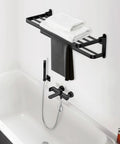 Matte Black 20 Inch Towel Rack With Shelf And Dual Towel Bars Dope Space Saving Bathroom Organizer With Foldable 90 Degree Design