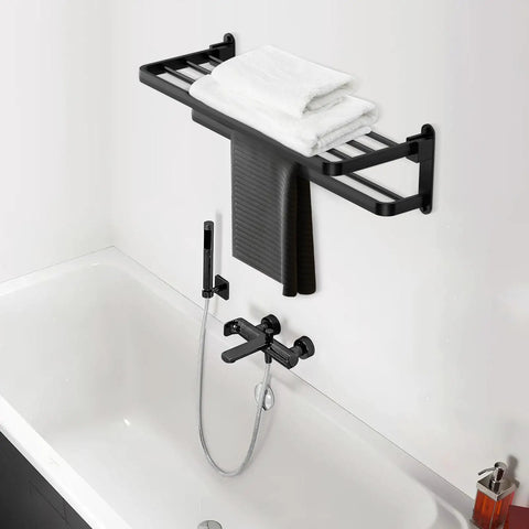 Space Saving Folding Towel Rack For Bathroom With Two Bars And A 16 Inch Towel Shelf With Towel Bar In Modern Gray Finish Wall Mounted 90 Degree Fold Design For Easy Access And Minimal Clutter