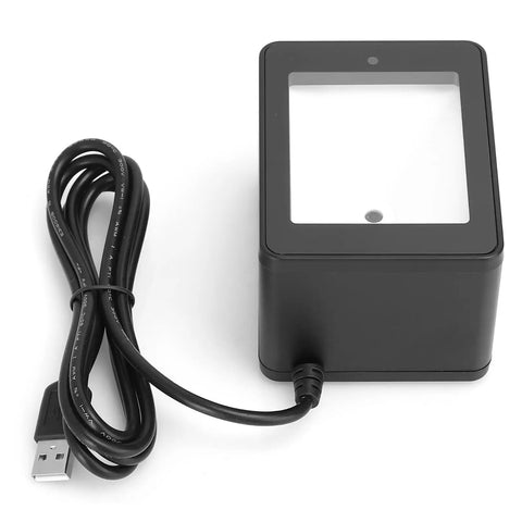 Desktop Barcode Scanner With CMOS Image Processing For WeChat Pay 360 Degree Reading Of Barcodes And QR Codes In Any Direction Even Damaged Or Defaced Codes Plug And Play No Sweat For POS Retail Or Supermarket Checkout, showing scanner and USB cable