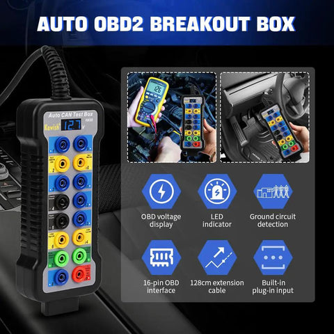 OBD2 Breakout Box With LCD Display For OBDII Protocol Detection 16 Pin CAN Bus Tester in car setting with LED indicators