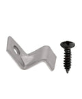 Close-up of a zinc-coated Z table top fastener clip and black screw, part of the Table Top Fasteners Set With Screws, Heavy Duty Solid Steel.