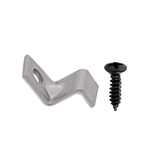 Close-up of a zinc-coated Z table top fastener clip and black screw, part of the Table Top Fasteners Set With Screws, Heavy Duty Solid Steel.