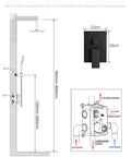 Diagram of UMJIGF Black Shower System with Hot and Cold Water Contemporary Shower Faucet Set dimensions and features.