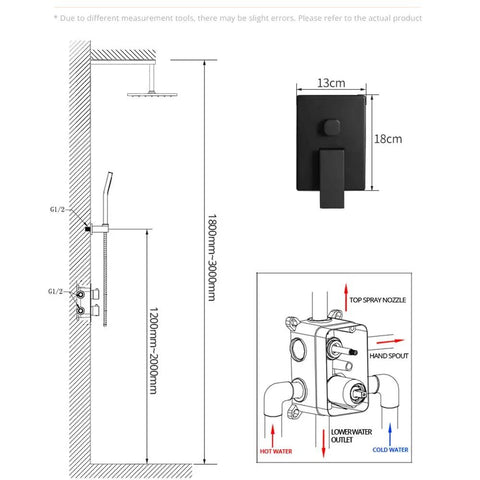 Diagram of UMJIGF Black Shower System with Hot and Cold Water Contemporary Shower Faucet Set dimensions and features.