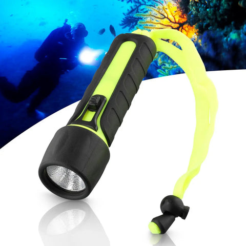 Diving Flashlight Waterproof 8000LM LED Scuba Underwater Torch Light Lamp with tail rope, background of diver in ocean, 50M Range