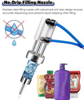 No Sweat Precision Filling With This Semi Automatic Horizontal Paste Liquid Filling Machine Featuring Pneumatic Cream Lotion Oil Shampoo Dispenser And Foot Pedal Control At Home Or Shop, showcasing a stainless steel no-drip filling nozzle and various containers.