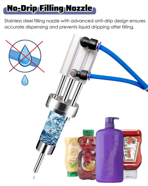 No Sweat Precision Filling With This Semi Automatic Horizontal Paste Liquid Filling Machine Featuring Pneumatic Cream Lotion Oil Shampoo Dispenser And Foot Pedal Control At Home Or Shop, showcasing a stainless steel no-drip filling nozzle and various containers.