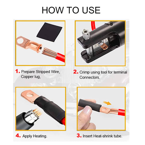 Steps on using Copper Wire Lugs And Ring Terminals Kit For Automotive Wiring AWG 2 4 6 8 10 12 with heat shrink tubing.