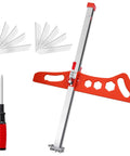 Front view of SakerPlus foldable drywall cutting tool with red ergonomic handle and vertical rail; includes 10 blades