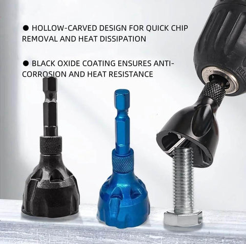 Two Pack External Deburring Chamfer Tool With Carbide Blades And Quick Release Hex Shank Heavy Duty Burr Removal Drill Bit in use