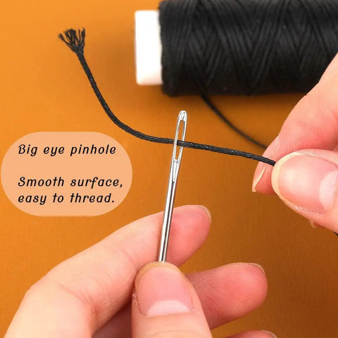 Hands threading needle with Waxed Thread Upholstery Kit With 32 Yards Of Durable Waxed Thread And 7 Hand Sewing Needles for DIY projects.