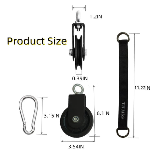 Product size of Compact Pulley Cable System For Home Gyms, Silent Weight Attachment, includes pulley, cable, strap, carabiner