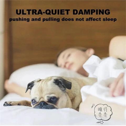 Dog resting peacefully beside sleeper, illustrating ultra-quiet damping of three section stainless steel drawer slides with damping buffer for quiet smooth open and close heavy duty bottom slide rail for kitchen office and workshop cabinets keyboard trays and more.