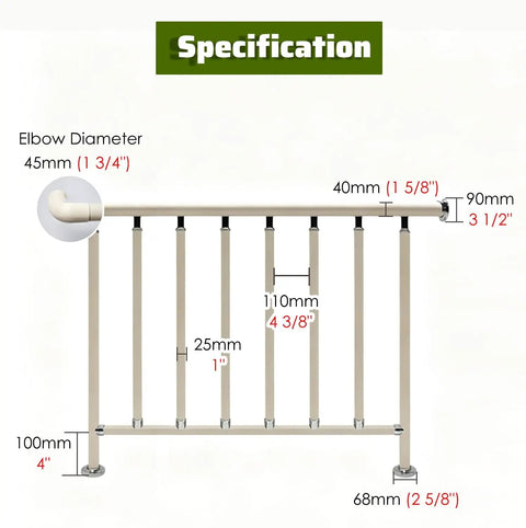 Rock Solid White Mezzanine Railing Guard With Zero Fuss Tool Free Window Mount dimensions 45mm elbow diameter, 100mm height.