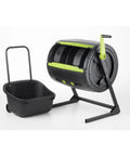 Two Stage Compost Tumbler With UV Protected Zinc Frame Easy Turning Cart Included Dual Chamber For Nonstop Composting And Faster Breakdown Of Kitchen And Lawn Waste, shown with black dual chambers and green handle.