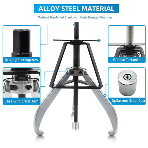 Heavy Duty 3 Jaw Gear Puller Set 10 Ton Capacity Steel Jaw Removal Tool For Gears Pulleys Flywheels And Bearings showing a detailed construction with T-handle and base.