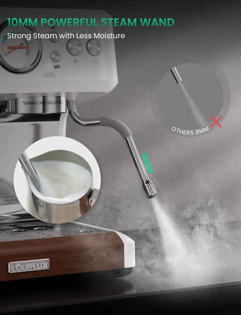 All-In-One 58mm Espresso Machine With Built-In Grinder And Milk Steam Wand, showcasing 10mm powerful steam wand feature.