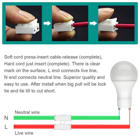 Demonstration of 100 Pack CH2 Spring Wire Connectors for Electrical Wiring with quick clamp and cable release instructions.