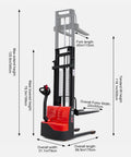 Heavy Duty Full Electric Pallet Stacker With 3300 Lb Load Capacity And 118 Inch Lift Height side view showcasing dimensions.