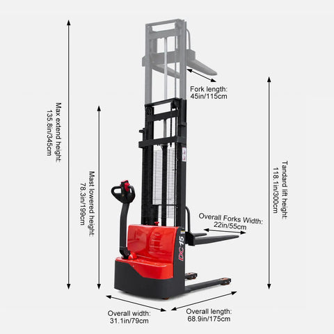 Heavy Duty Full Electric Pallet Stacker With 3300 Lb Load Capacity And 118 Inch Lift Height side view showcasing dimensions.