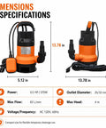 Heavy Duty 0.5HP Submersible Utility Pump With Auto Float Switch handles dimensions and specifications for effective drainage.