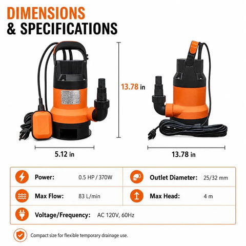 Heavy Duty 0.5HP Submersible Utility Pump With Auto Float Switch handles dimensions and specifications for effective drainage.