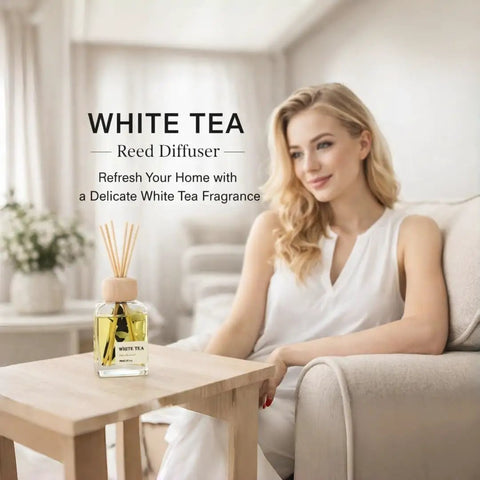 White Tea Reed Diffuser Set Inspired by Westin Hotel Scent on table beside woman in living room, non-toxic, gift-ready, 3.34 Fl Oz