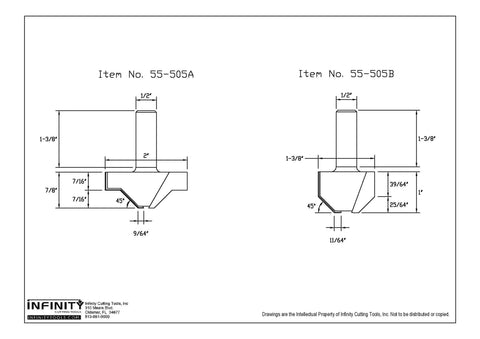 Technical drawing of Half Inch Shank Lapped Miter Joint Router Bit Set With Three Quarter Inch Setup Block Carbide Tip dimensions