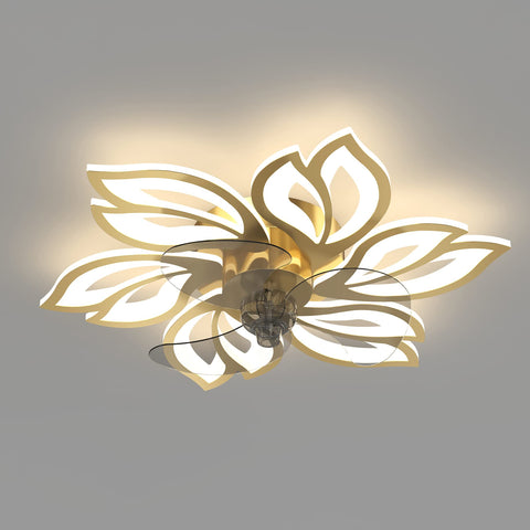Bladeless Ceiling Fan With Lights And Remote Control 25 Inch LED Flush Mount Golden Finish 72W Modern Flower Shape Design
