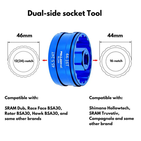 16-Notch 44mm And 12 24-Notch 46mm External Bottom Bracket Removal Tool with dual-side socket, blue color, compatibility details