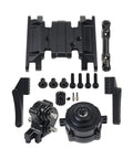 All In One Planetary Transmission Transfer Case Skid Plate Drive Shaft Front Motor Mount Set For SCX10 II 1X10 RC Upgrade Parts And Accessories Heavy Duty Beefed Up Durable Built For Ultra Tough Trails And Hard Bumps, parts laid out
