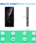 64GB Bluetooth MP3 Player With Built In HD Speaker, FM Radio, Voice Recorder, HiFi Sound, E Book Reader, Earphones Included, Lossless Music, Expandable Storage, Portable Music Player For On The Go showing dimensions and features.