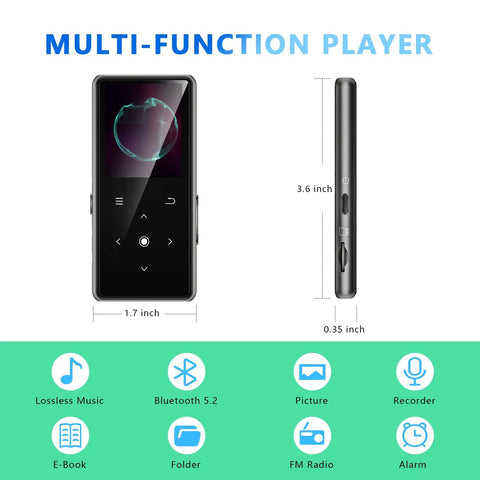 64GB Bluetooth MP3 Player With Built In HD Speaker, FM Radio, Voice Recorder, HiFi Sound, E Book Reader, Earphones Included, Lossless Music, Expandable Storage, Portable Music Player For On The Go showing dimensions and features.