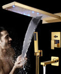 UMJIGF Luxury Led Shower System Gold Waterfall Shower Faucet Set Multifunction Brass Shower Combo Set in use with water flowing.