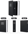 Hidden Diversion Book Safe With Key Lock Extra Large Black 10.5 Inch By 7.8 Inch By 2.6 Inch Metal Lock Box featured from front, side, and back