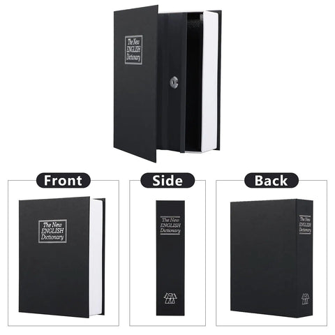 Hidden Diversion Book Safe With Key Lock Extra Large Black 10.5 Inch By 7.8 Inch By 2.6 Inch Metal Lock Box featured from front, side, and back
