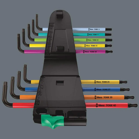 Long Arm Torx L Key Set For Recessed Torx Screws 9 Piece Multicolor Pack with ballpoint tips and color coded sleeve