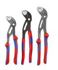 Three Piece Cobra Pipe Wrench Set, 7, 10, And 12 Inch, with red and blue grip handles lined up.
