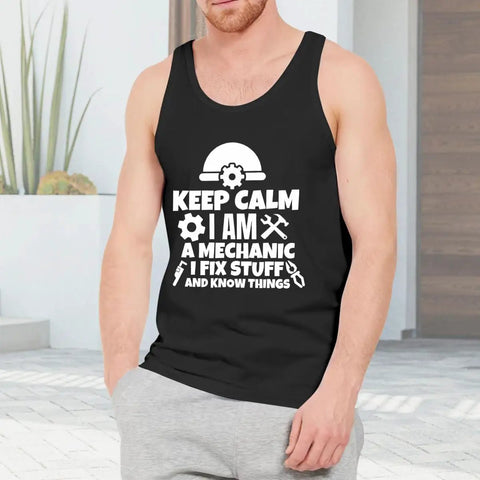 Men's Mechanics Tank Top Straight Up Comfy 100 Percent Cotton Sleeveless Shirt Featuring Keep Calm Graphic on model