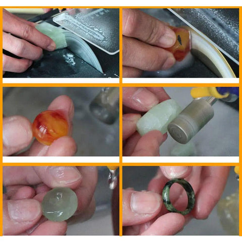 Genuine Usa Stock Ready To Roll Heavy Duty 7Speed Bench Grinder For Gem Faceting Jade Polishing Stone Carving Woodwork And Jewelry With Smooth 1600 To 3300Rpm Tuning Fast Setup showing hand polishing gemstones.