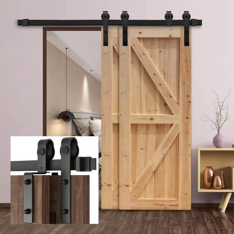 Antique Style Wood Sliding Barn Door Hardware Kit Bypass Black Top Mounted Closet Hardware For Double Doors, installed view