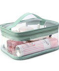 Two Pack Transparent Waterproof Makeup Bag Set With Zippered Cosmetic Pouches For Travel, green handle, clear PVC, toiletries inside.
