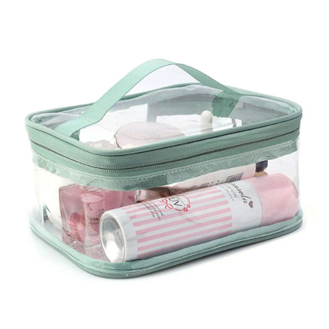 Two Pack Transparent Waterproof Makeup Bag Set With Zippered Cosmetic Pouches For Travel, green handle, clear PVC, toiletries inside.