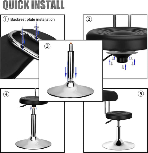 Round Office Stool With Comfy Backrest, Adjustable Height Sit Stand Stool installation steps, 360 swivel, black seat