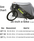 Heavy Duty Bicycle Cover For Outdoors All Weather Waterproof And Heat Resistant Ideal For Ebike Battery Or Rain Cover Includes Large Mesh Bag For Easy Travel 29 Inch Large Fit One Bike shown on 26 inch e-bike with size chart.