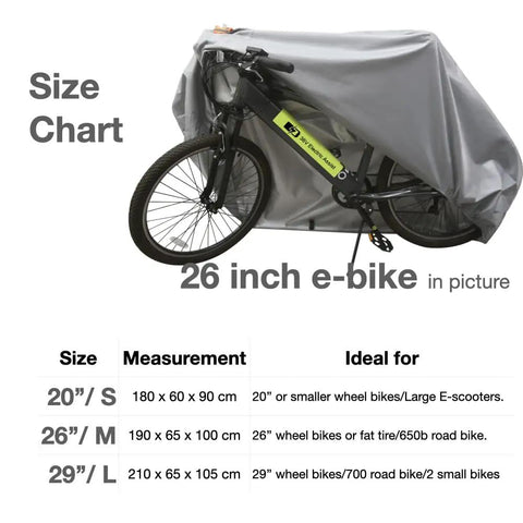 Heavy Duty Bicycle Cover For Outdoors All Weather Waterproof And Heat Resistant Ideal For Ebike Battery Or Rain Cover Includes Large Mesh Bag For Easy Travel 29 Inch Large Fit One Bike shown on 26 inch e-bike with size chart.