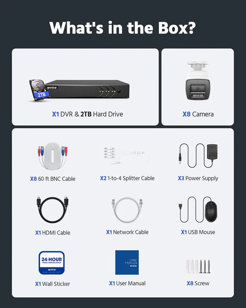 Includes DVR, 2TB HDD, security cameras, cables, power supplies from Eight Channel Two Way Audio Security Camera System With Eight 1080P Cams, Lite DVR, Smart Color Night Vision, AI Motion Detection 2.0, 2TB HDD, Outdoor Home Surveillance Kit For Easy DIY Setup.