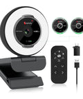 Flawless 1080p USB Webcam Featuring Built In Noise Reducing Mic And Tri Color Adjustable Ring Light on a stand with remote control.